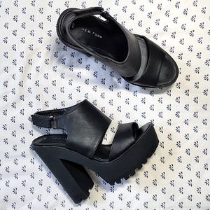 Platform block heels black strappy chunky blocky
